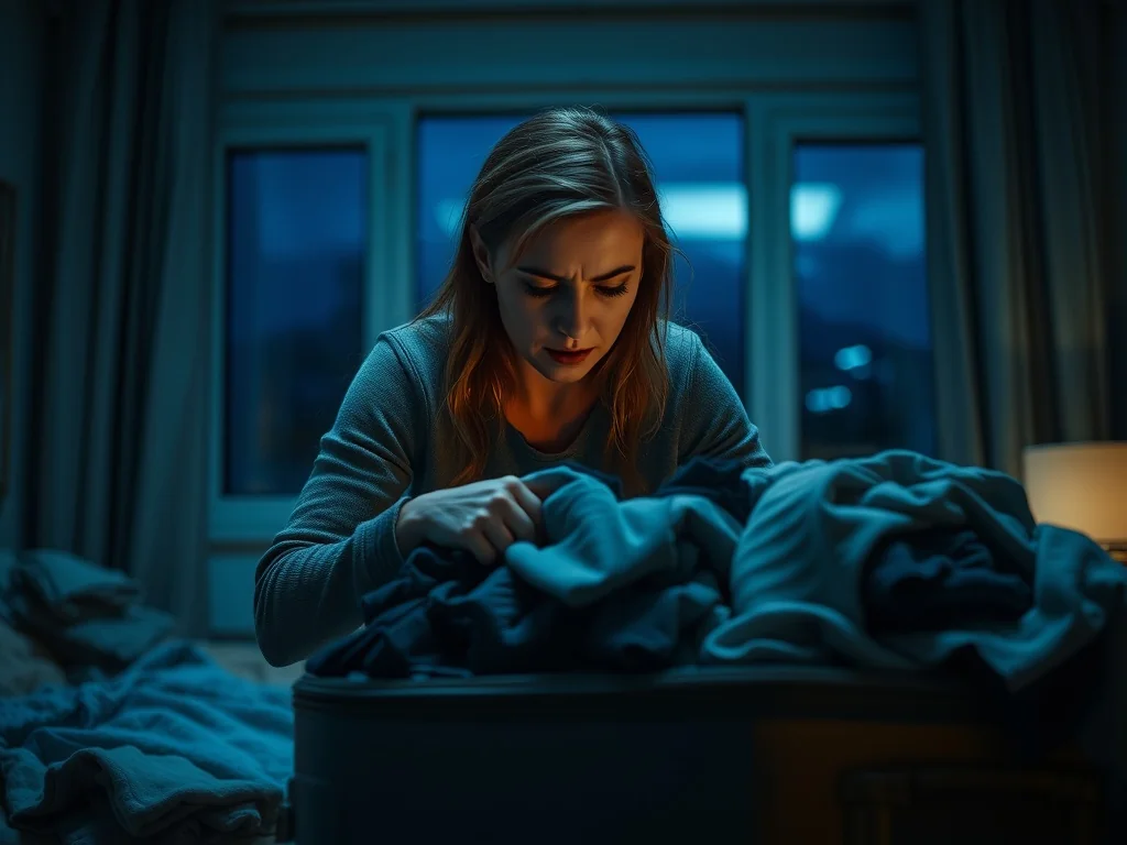 Zestresowana kobieta w pośpiechu pakuje nieuporządkowaną walizkę w słabo oświetlonej sypialni, co symbolizuje chaos i niepokój.