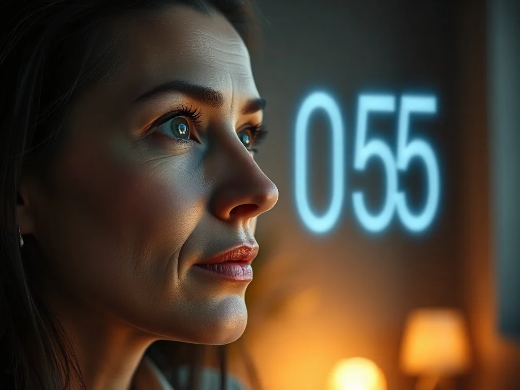 Kobieta zamyślona nad świetlistą projekcją liczby „0505” unoszącą się w nowoczesnym wnętrzu.