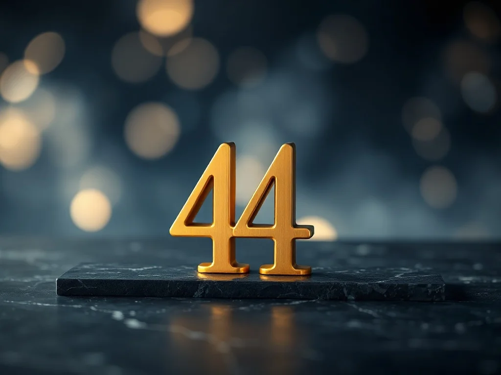 Elegancka, złota liczba 44 na ciemnym marmurowym tle w otoczeniu mistycznego światła, symbolizująca numerologiczną moc.