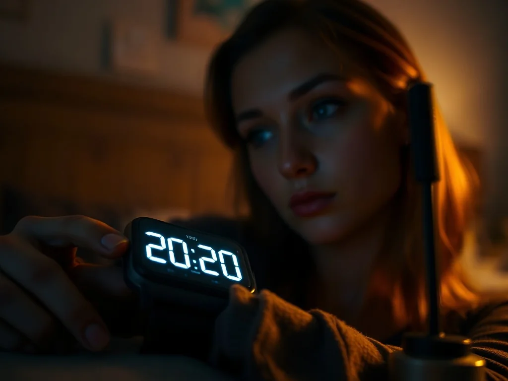 Kobieta z zaciekawieniem spogląda na zegar cyfrowy wyświetlający godzinę 20:20 w przytulnym, nastrojowym wnętrzu.