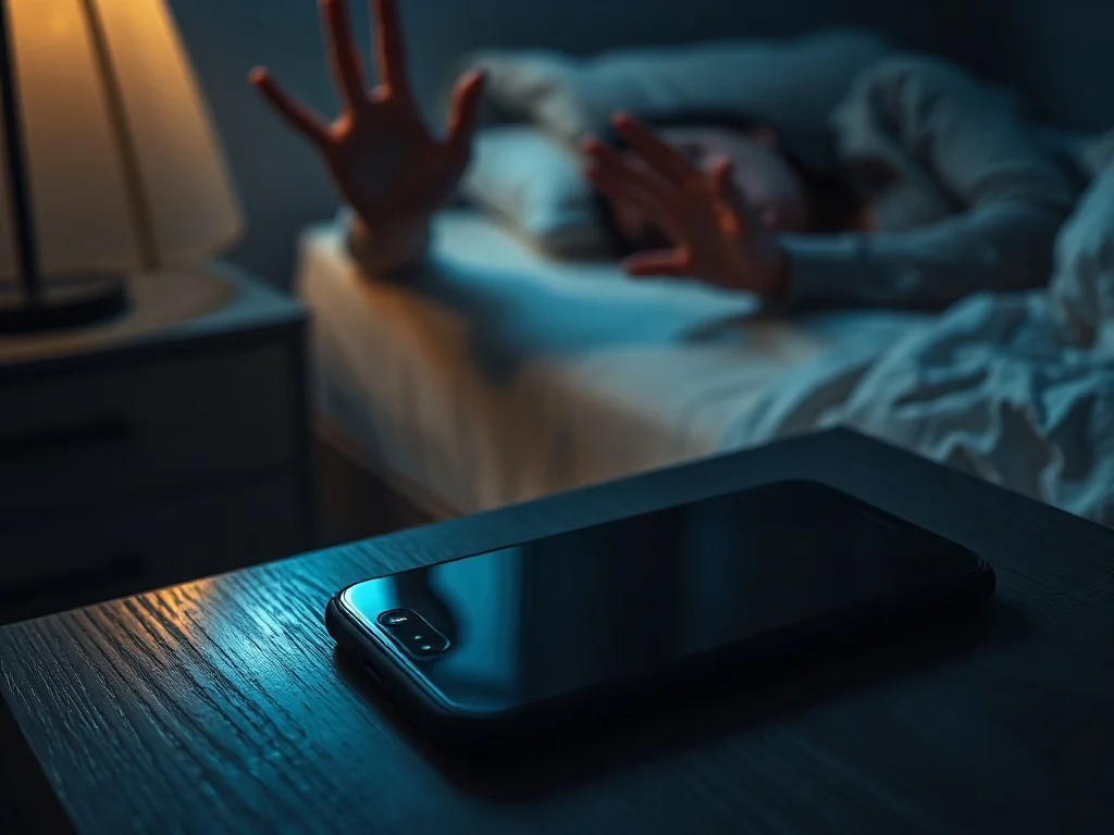Smartfon leżący na nocnym stoliku, po który sięga niewyraźna postać, symbolizując utratę kontroli i niepokój związany z kradzieżą.